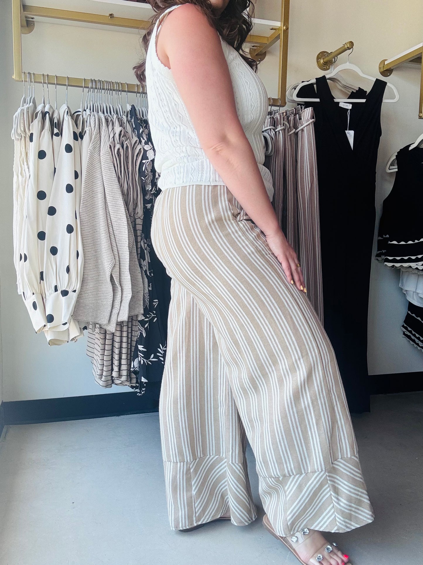 Khaki Stripe Wide Leg Pants