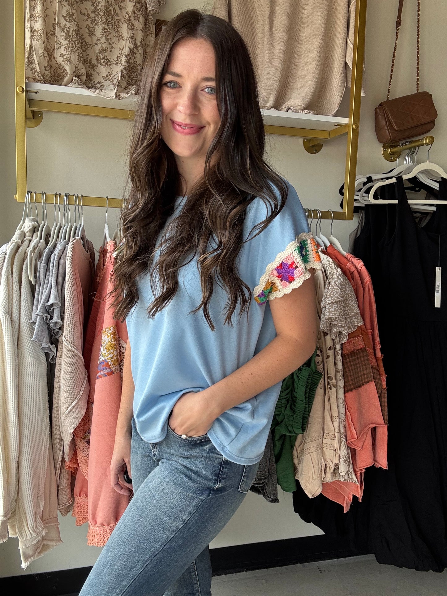 Light Blue Embroidered Sleeve Top