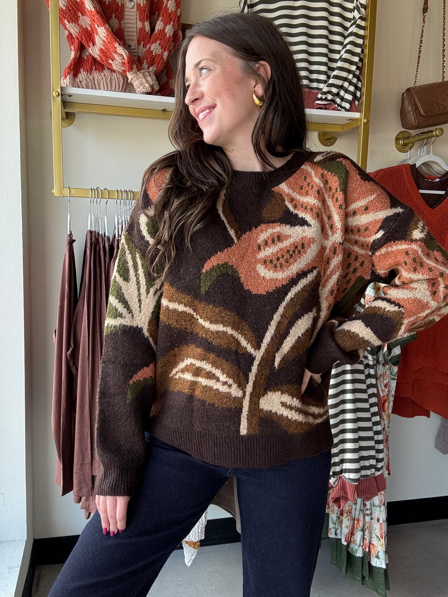 Mocha Shimmer Flower Sweater