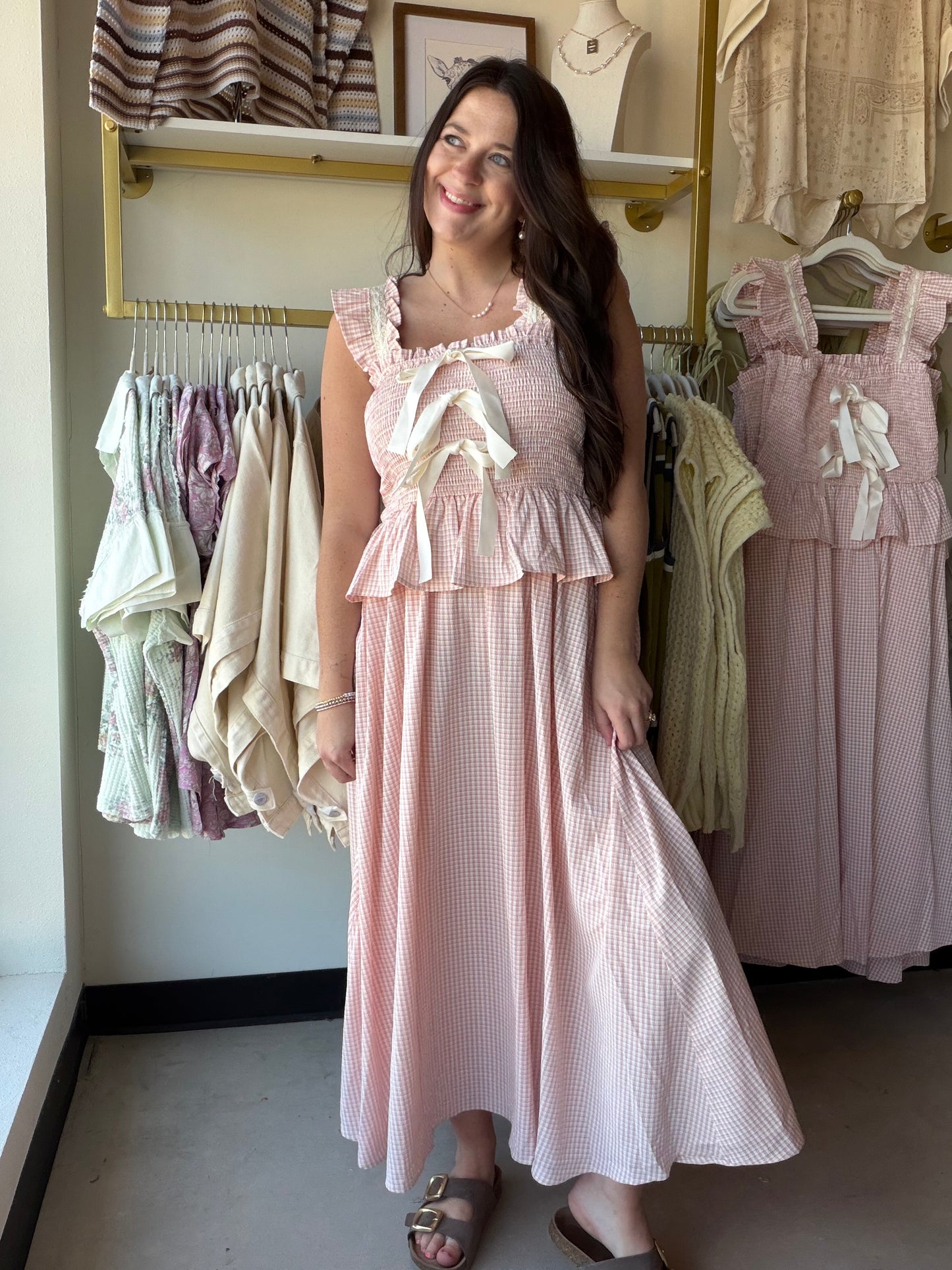 Blush Gingham Smocked Midi Dress