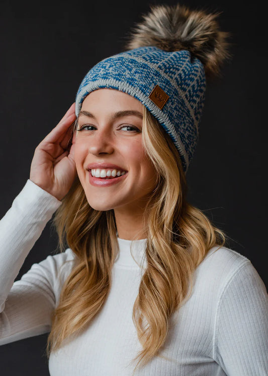 Blue & Light Grey Patterned Pom Hat