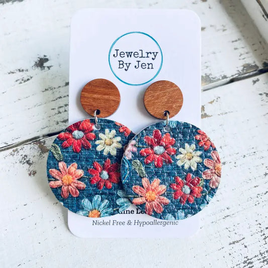 Daisies on Denim Wood Earrings