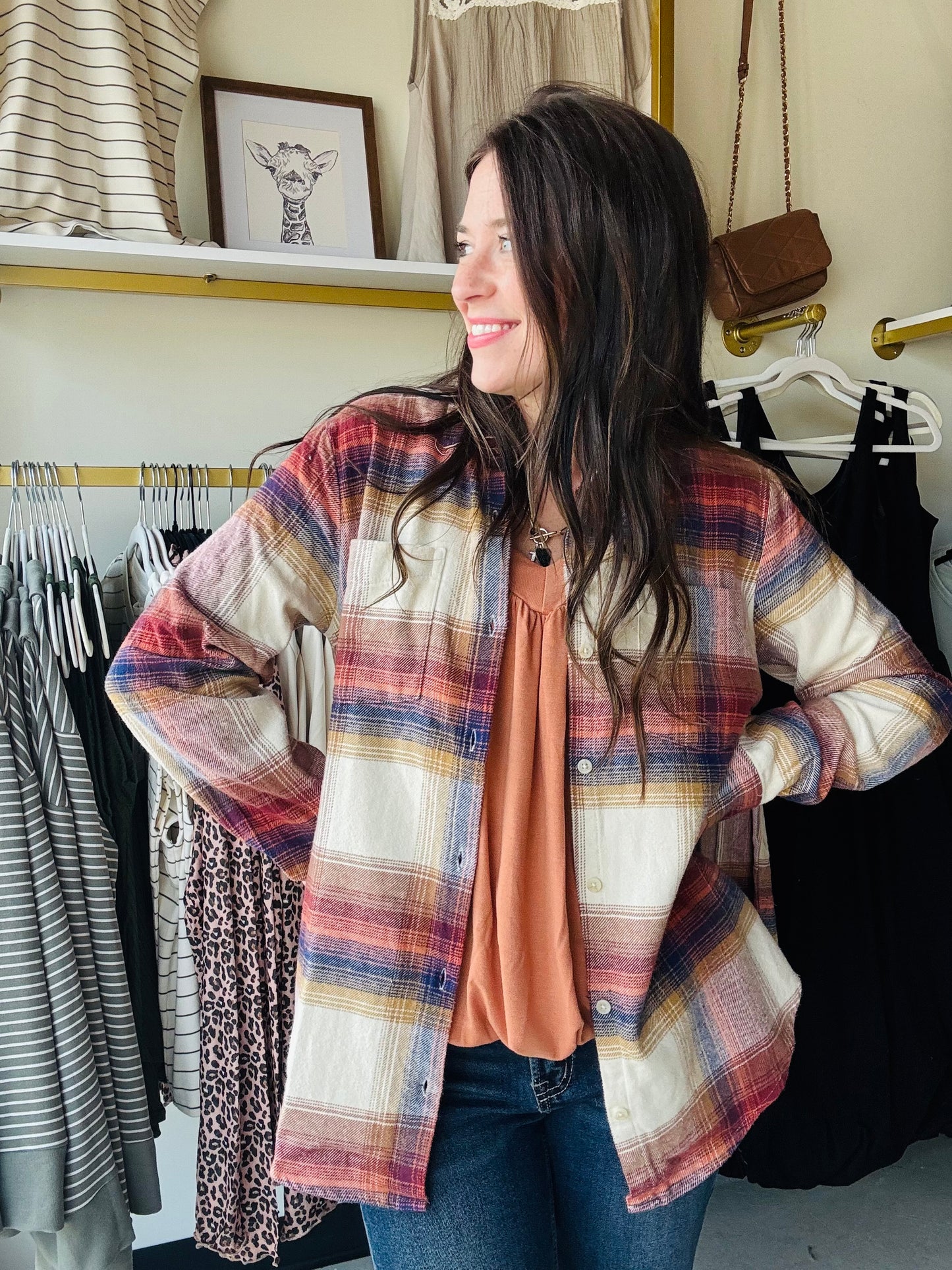 This easy, versatile button up is perfect as a layer or worn by itself. Featuring an oversized fit, shirt tail hem and dual patch pockets.

Collared neckline
Button front closure
Shirt tail hem