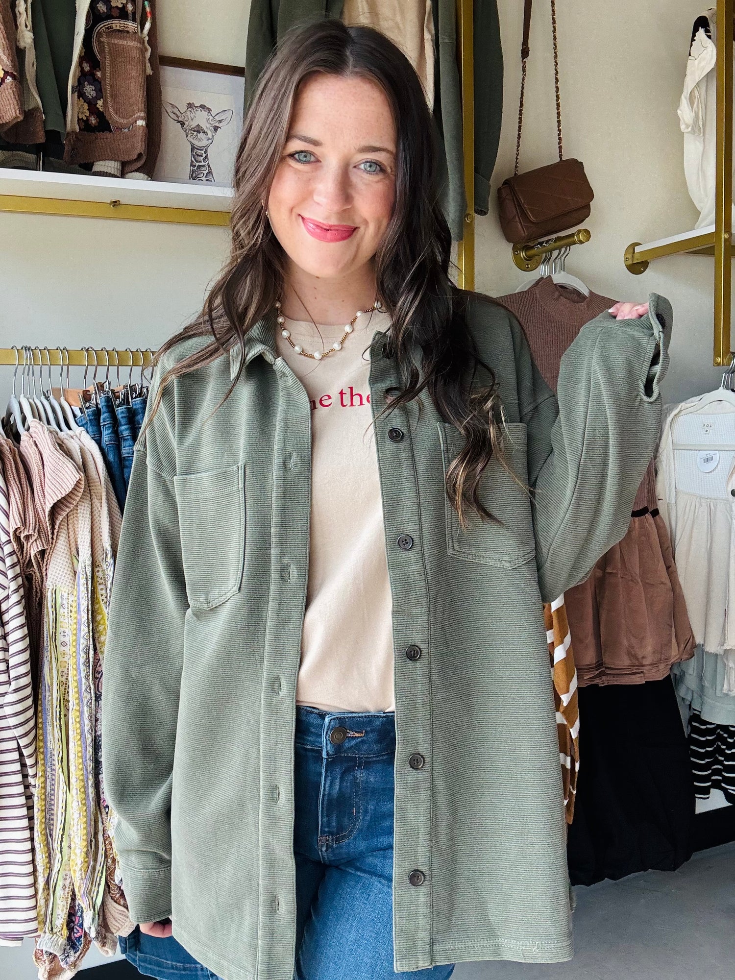 A must have for jacket season, this light-weight cotton fabrication is made to layer, featuring a button front closure, dual patch pockets and an oversized fit.

Button front closure
Drop shoulder
Dual chest pockets
Side vents
Measurements for a size small:

Length: 28"
Chest: 20.5"
Sweep: 21.5"
Sleeve Length: 20.5"
Fabric Content/Care:&nbsp;

52% Cotton
47% Polyester
1% Elastane
