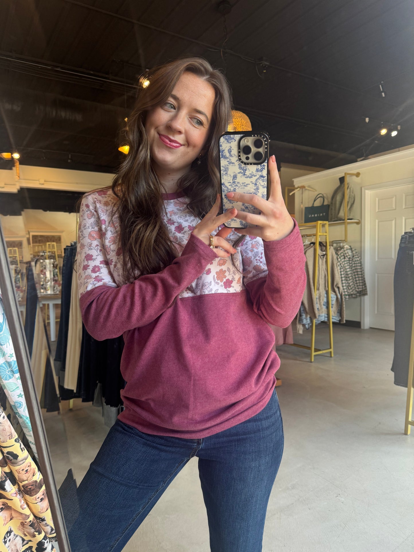 Vintage Floral Raspberry Pullover