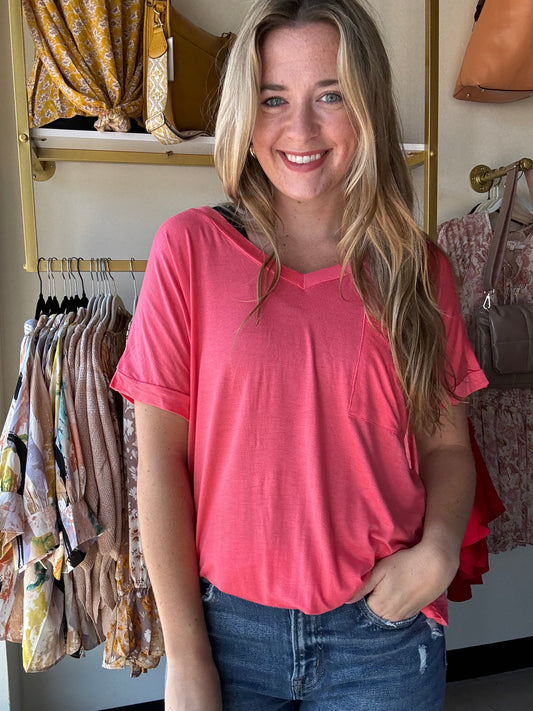 Celeste Soft V Neck Tee - Coral