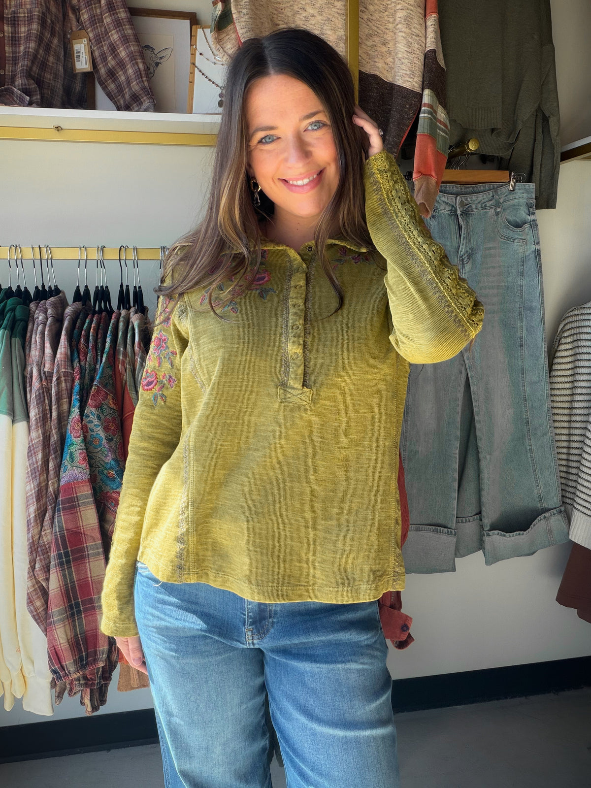 Olive Snap Front Embroidered Top