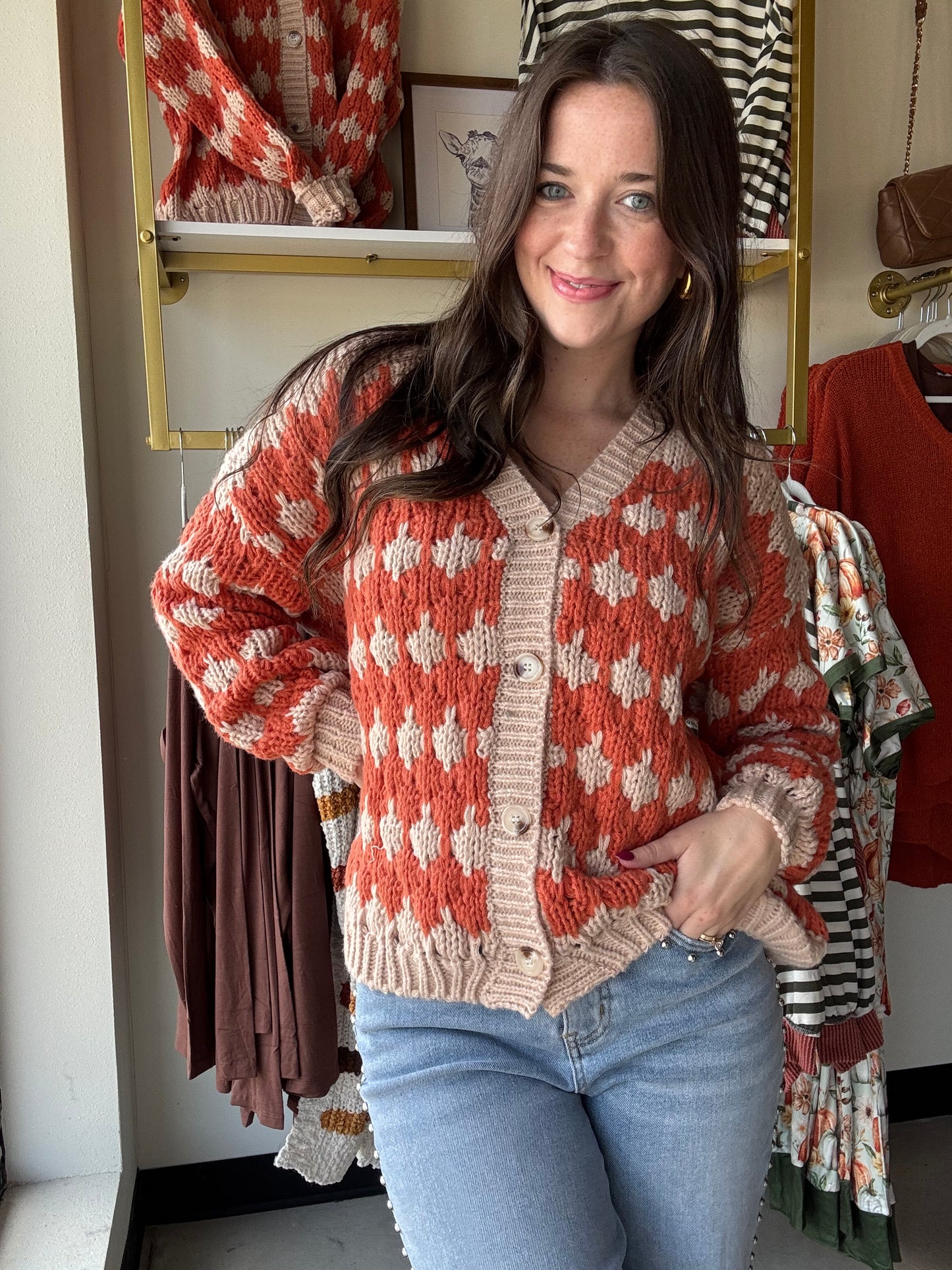 Rust Textured Button Up Sweater