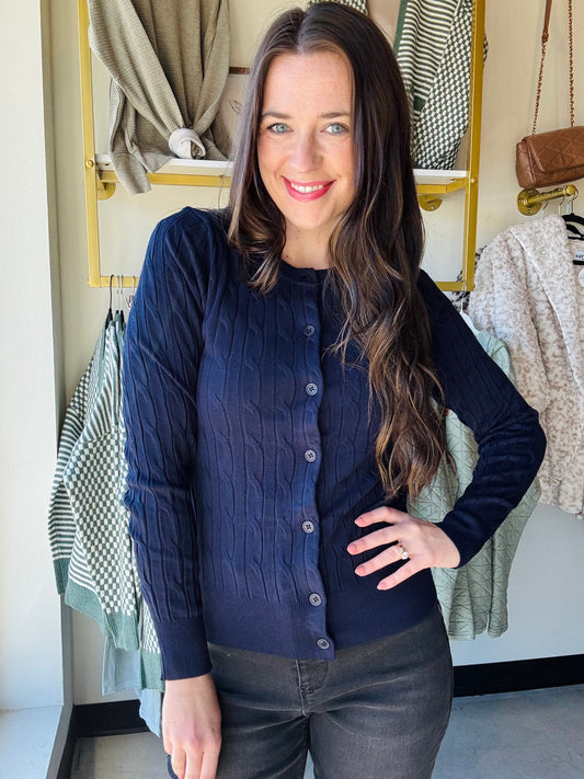 Navy Button Up Cable Knit Cardigan