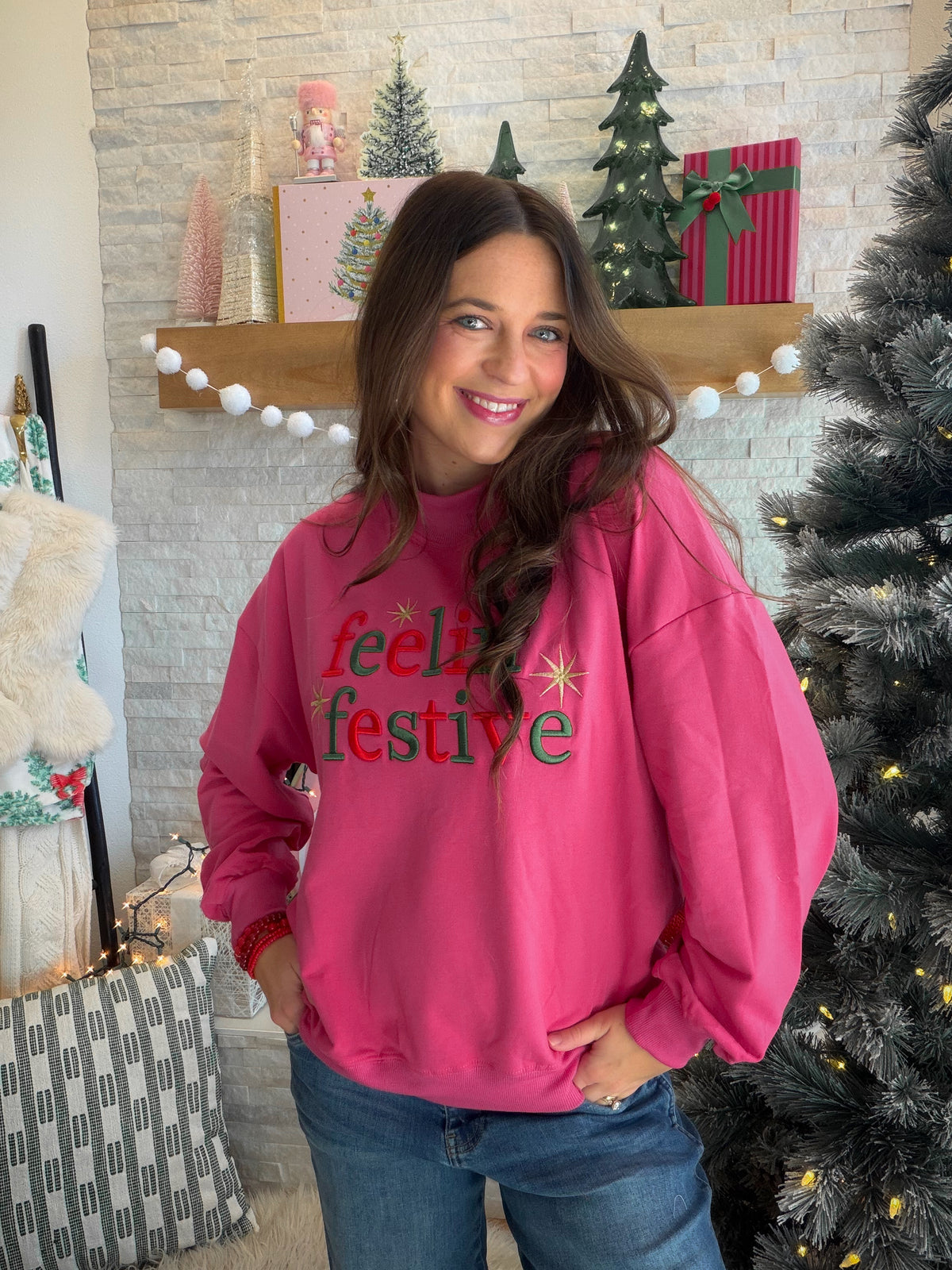 Feelin' Festive Hot Pink Mock Neck