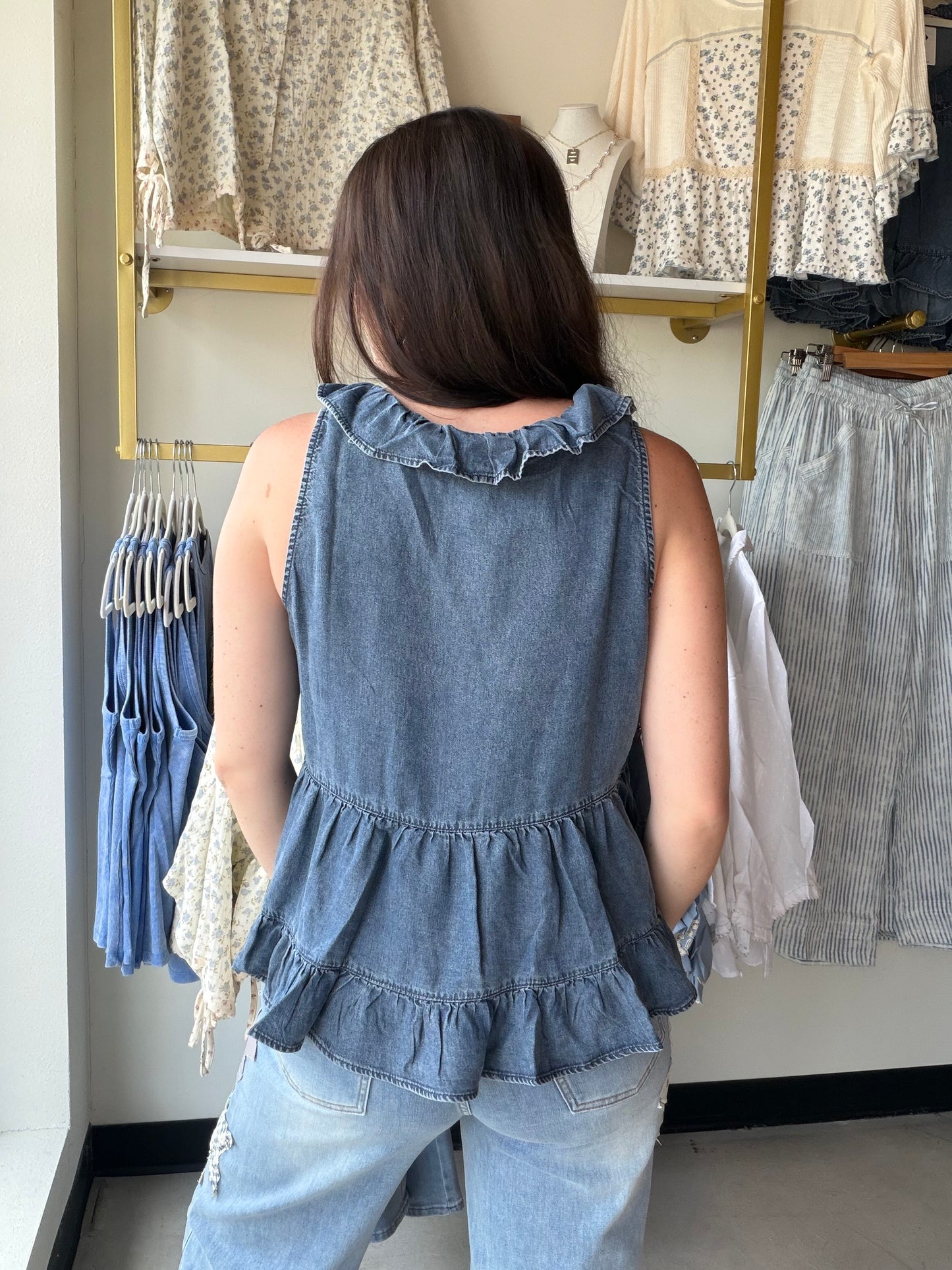 Dark Chambray Ruffle Tank