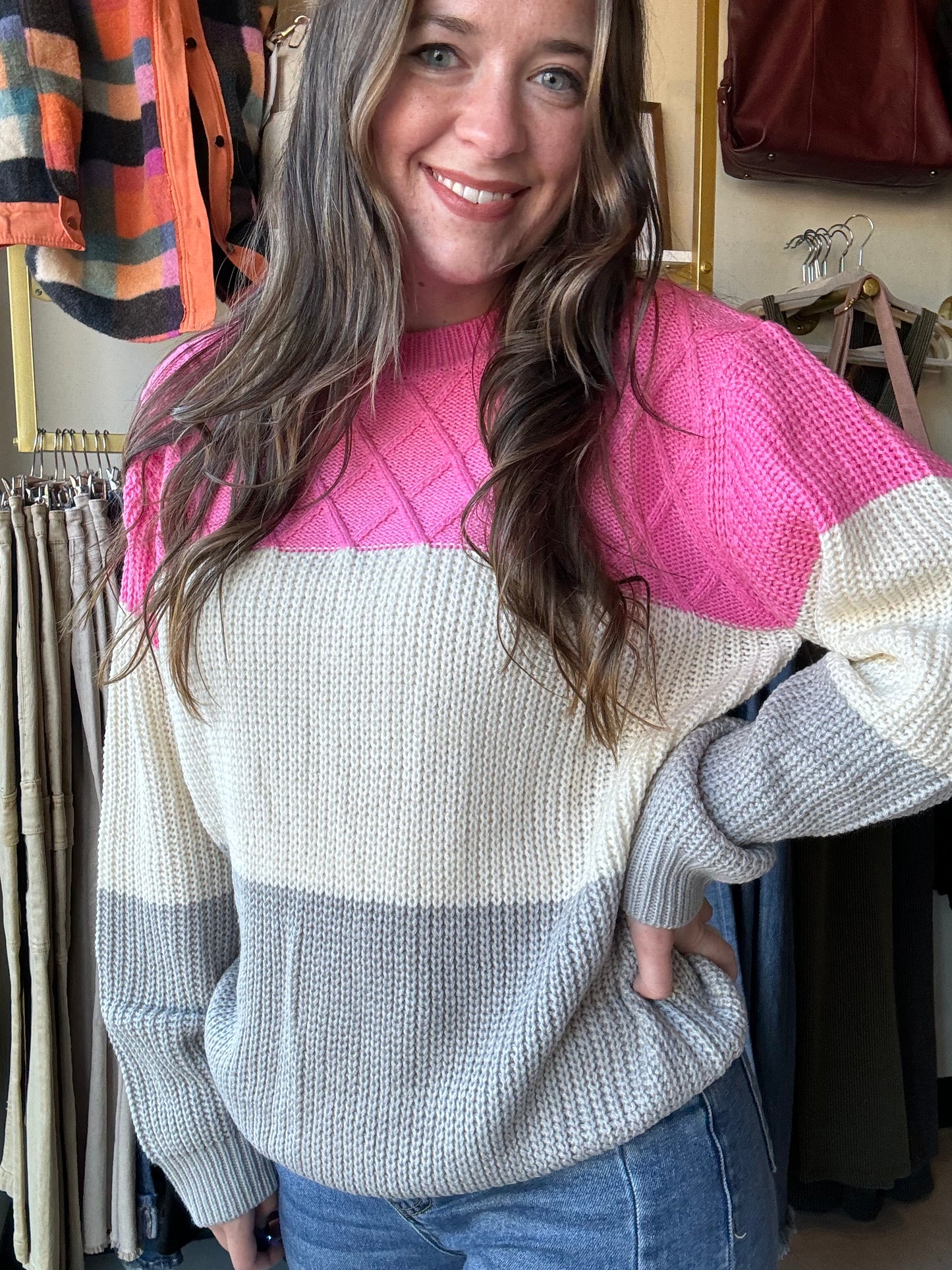 Pink & Grey Block Sweater