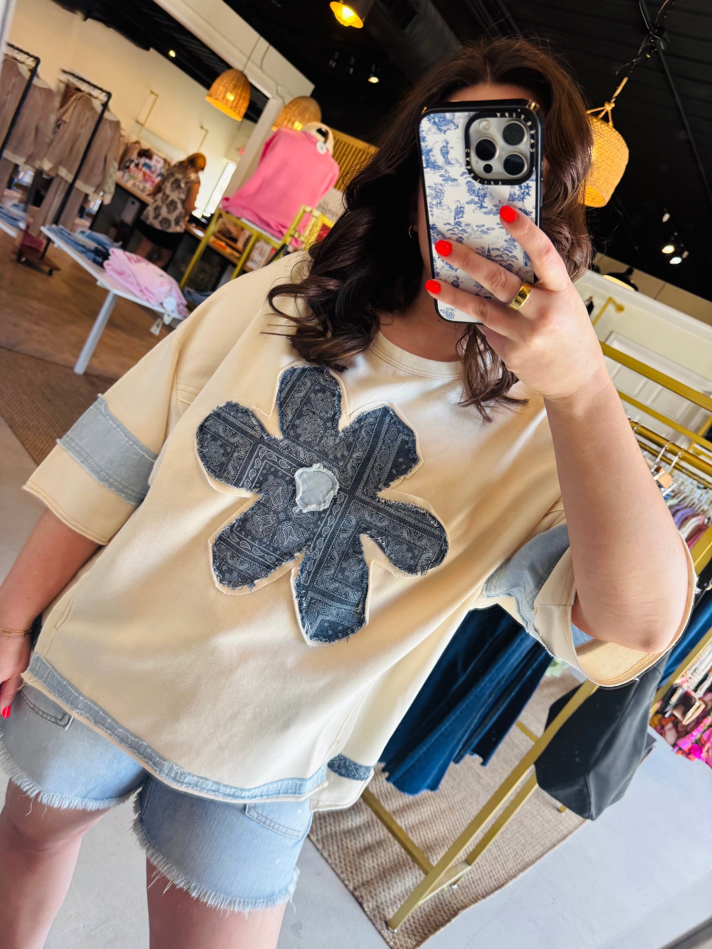 Denim Daisy Patch Terry Top
