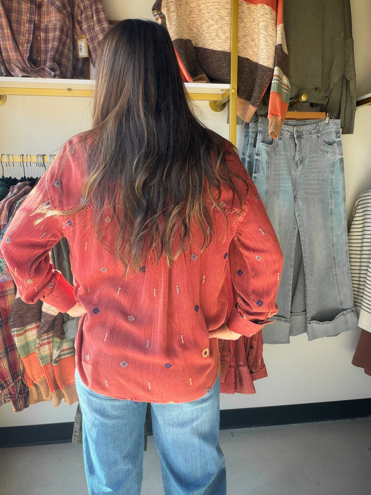 Rust Embroidered Button Up