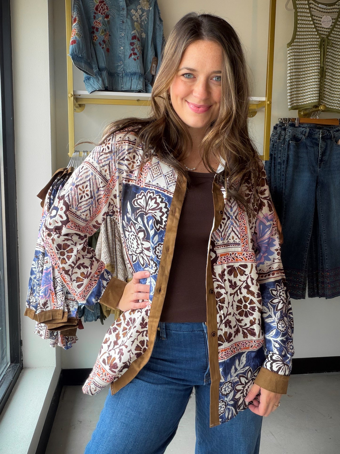 Olive Trim Floral Patch Top