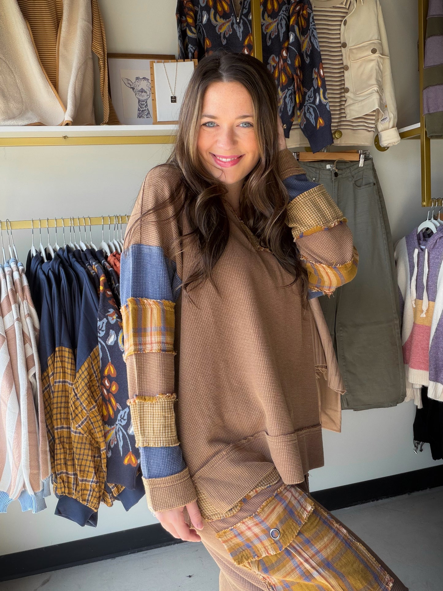 Camel Plaid Mix Thermal Top