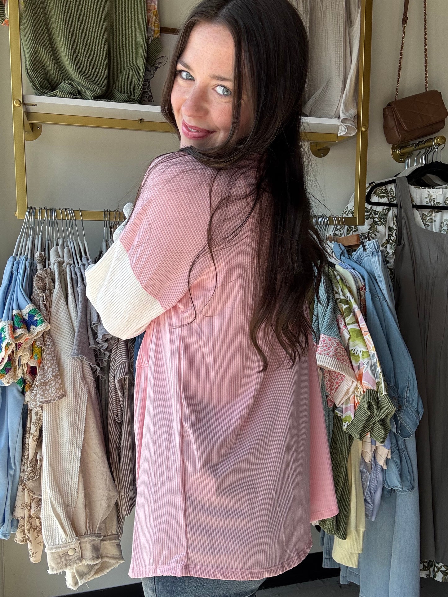 Pink & White Color Block Shacket