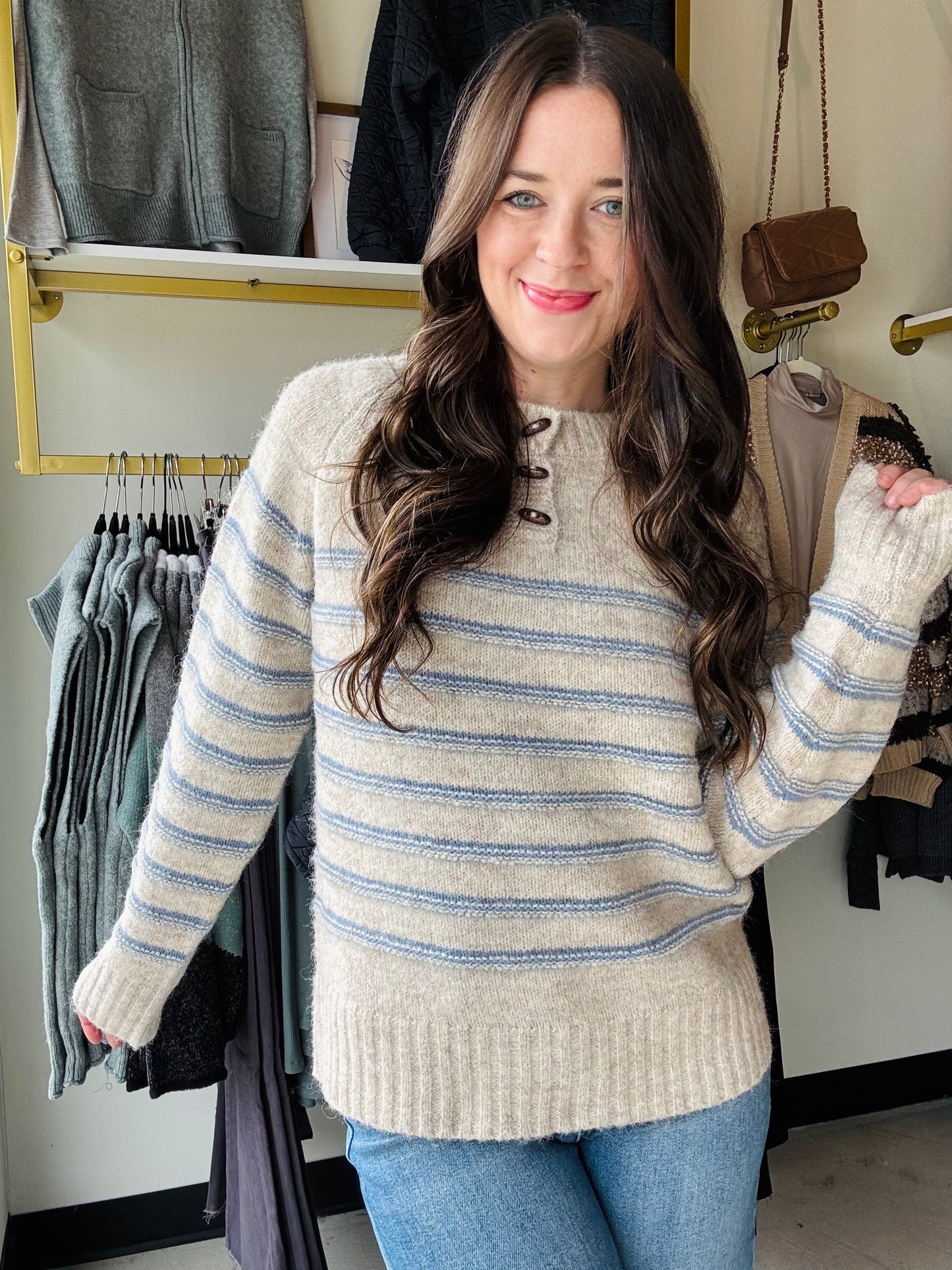 Oatmeal & Blue Pin-Tuck Sweater
