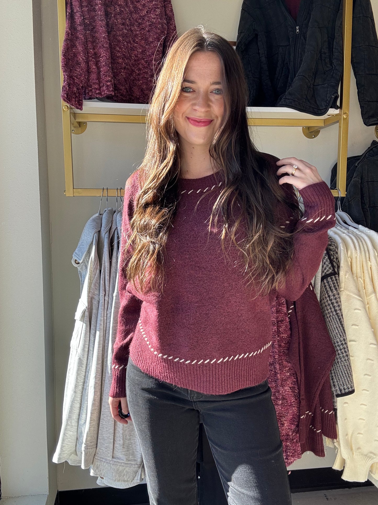 Wine Saddle Stitch Sweater