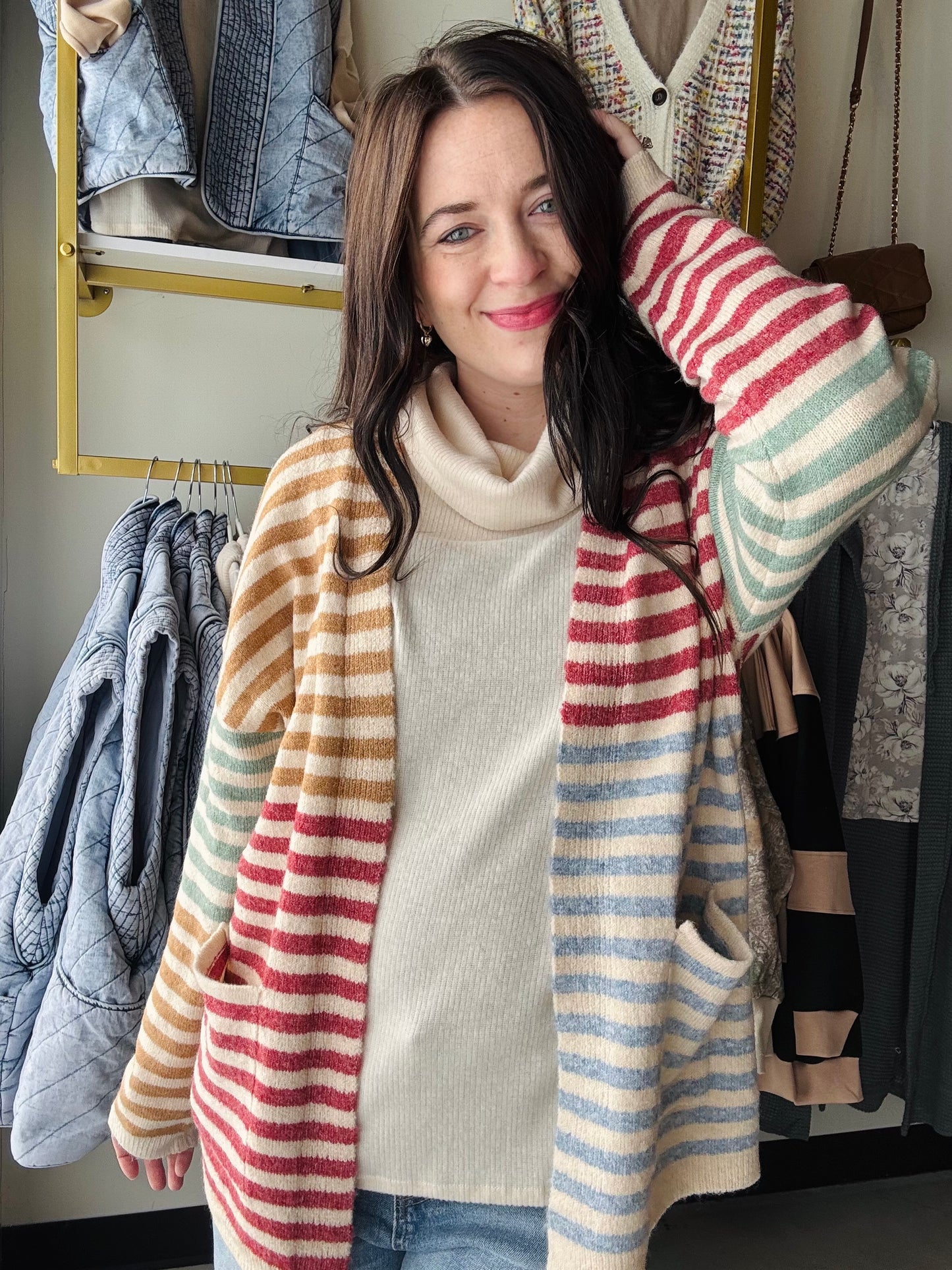 Camel Berry Color Block Cardigan