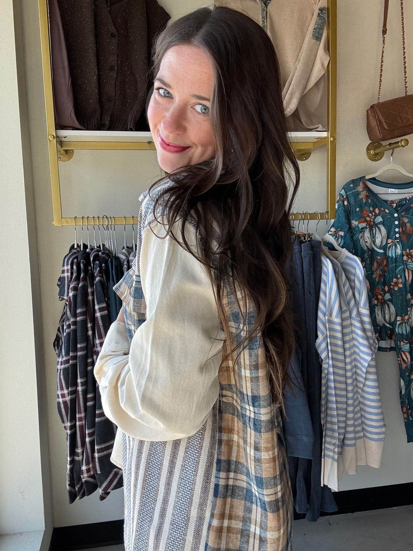 Cream Blue Plaid Button Up