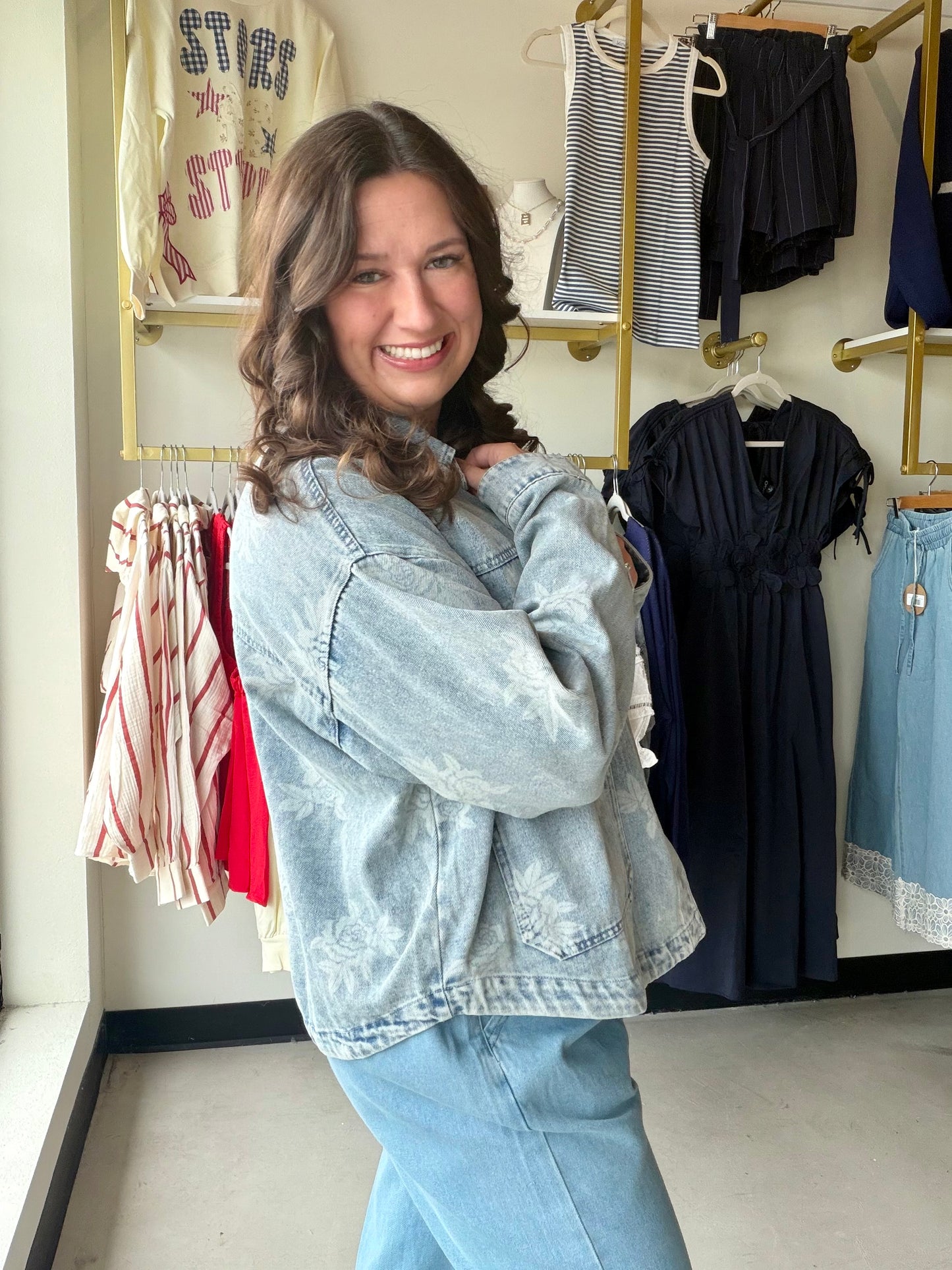 Rose Printed Washed Denim Jacket