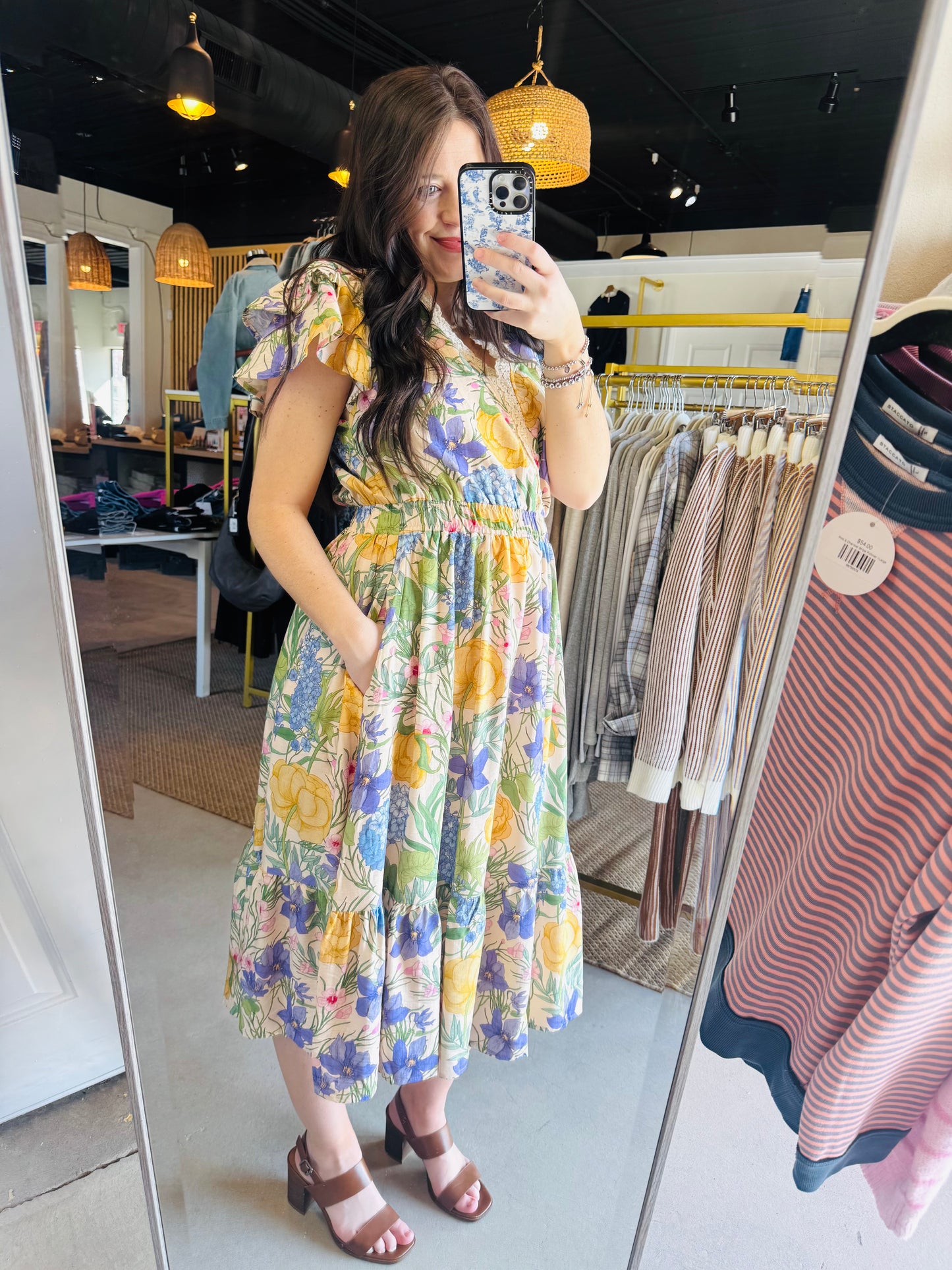 Natural Flutter Sleeve Floral Dress