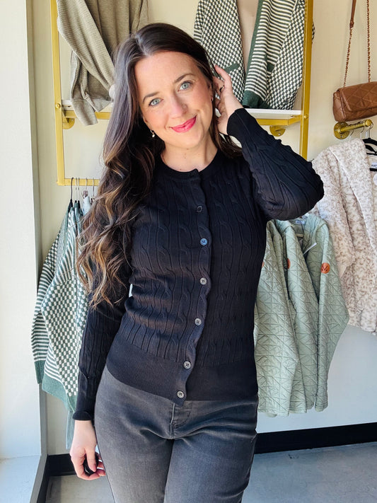 Black Button Up Cable Knit Cardigan