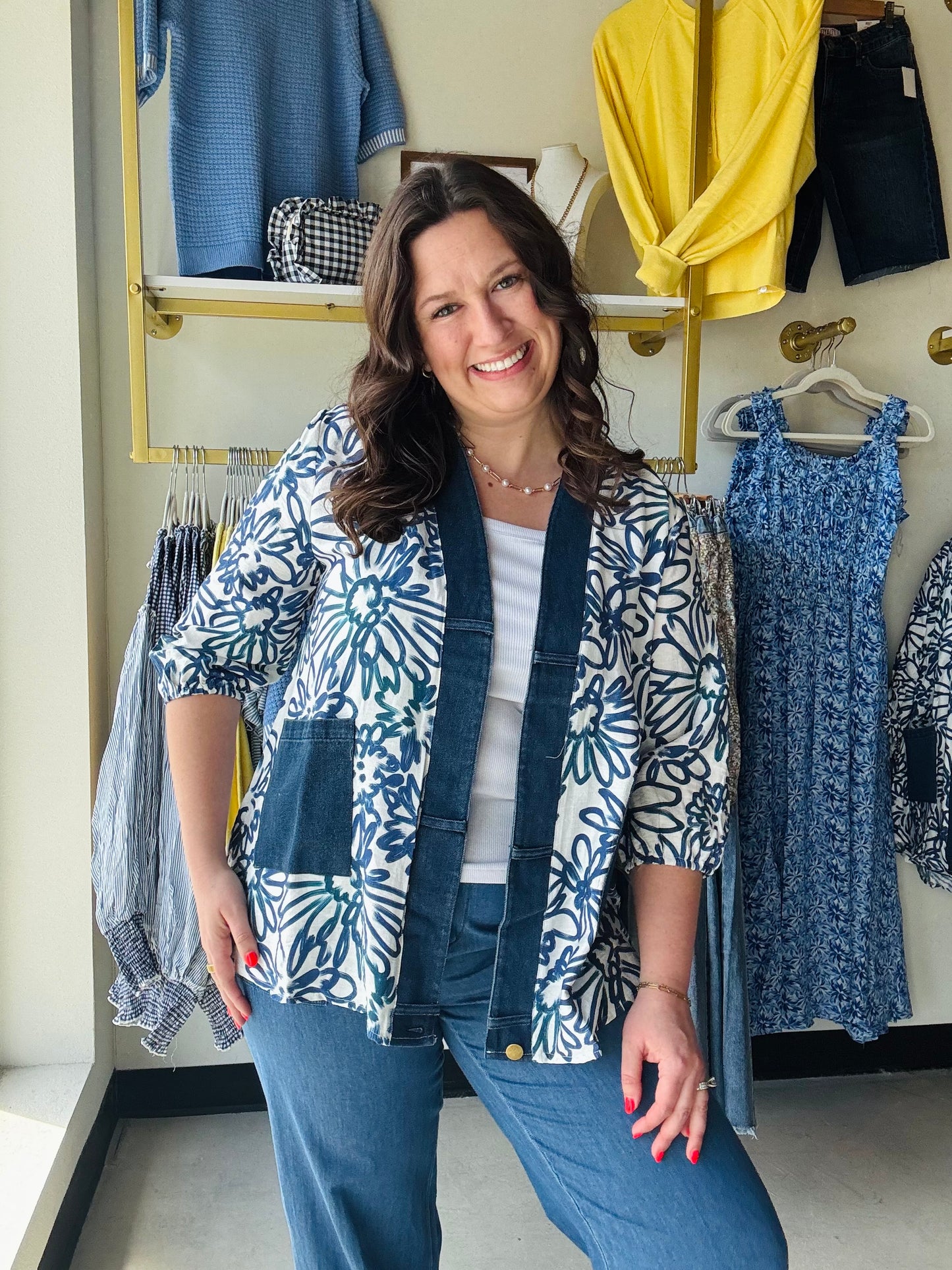 Denim Trim Floral Cardigan