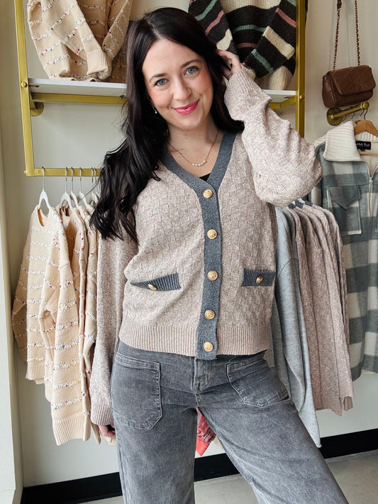 Contrast Band Button Up Sweater