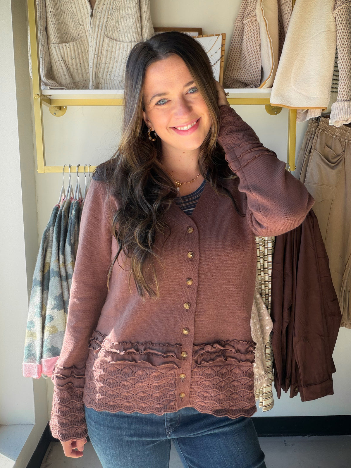 Brown Ruffle Detail Cardigan