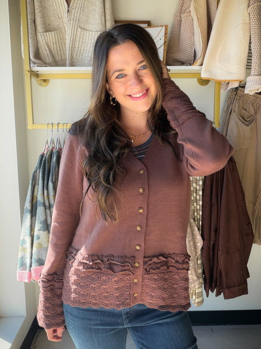Brown Ruffle Detail Cardigan