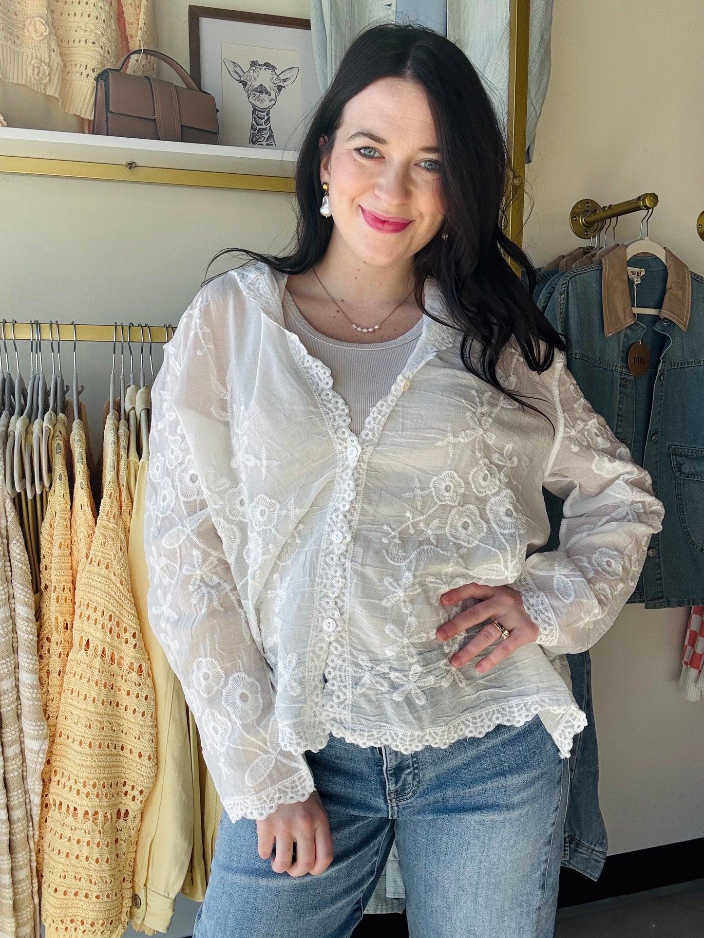 White Embroidered Trim Gauze Top