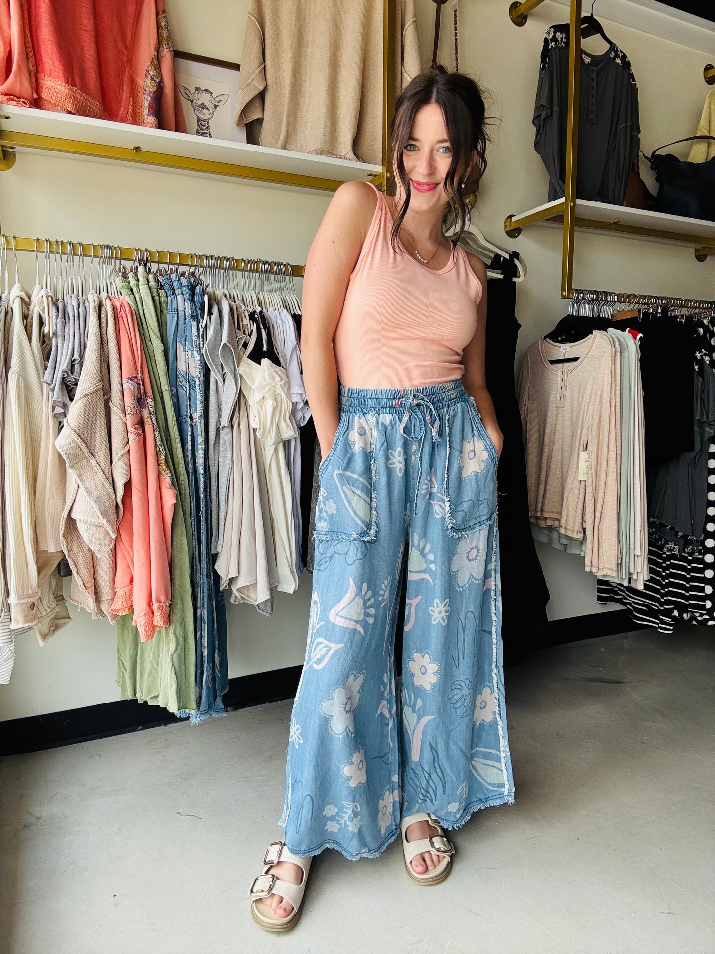 Floral Chambray Wide Leg Pants