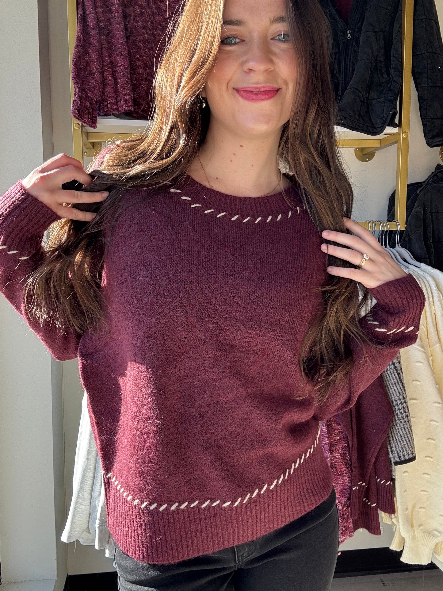 Wine Saddle Stitch Sweater