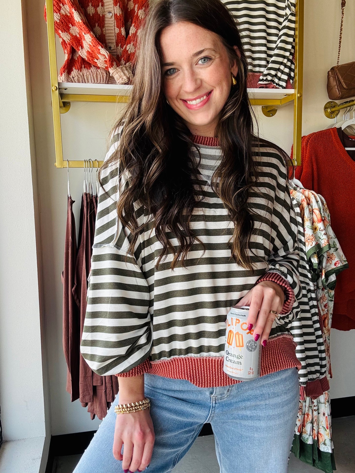 Olive & Rust Striped Pullover
