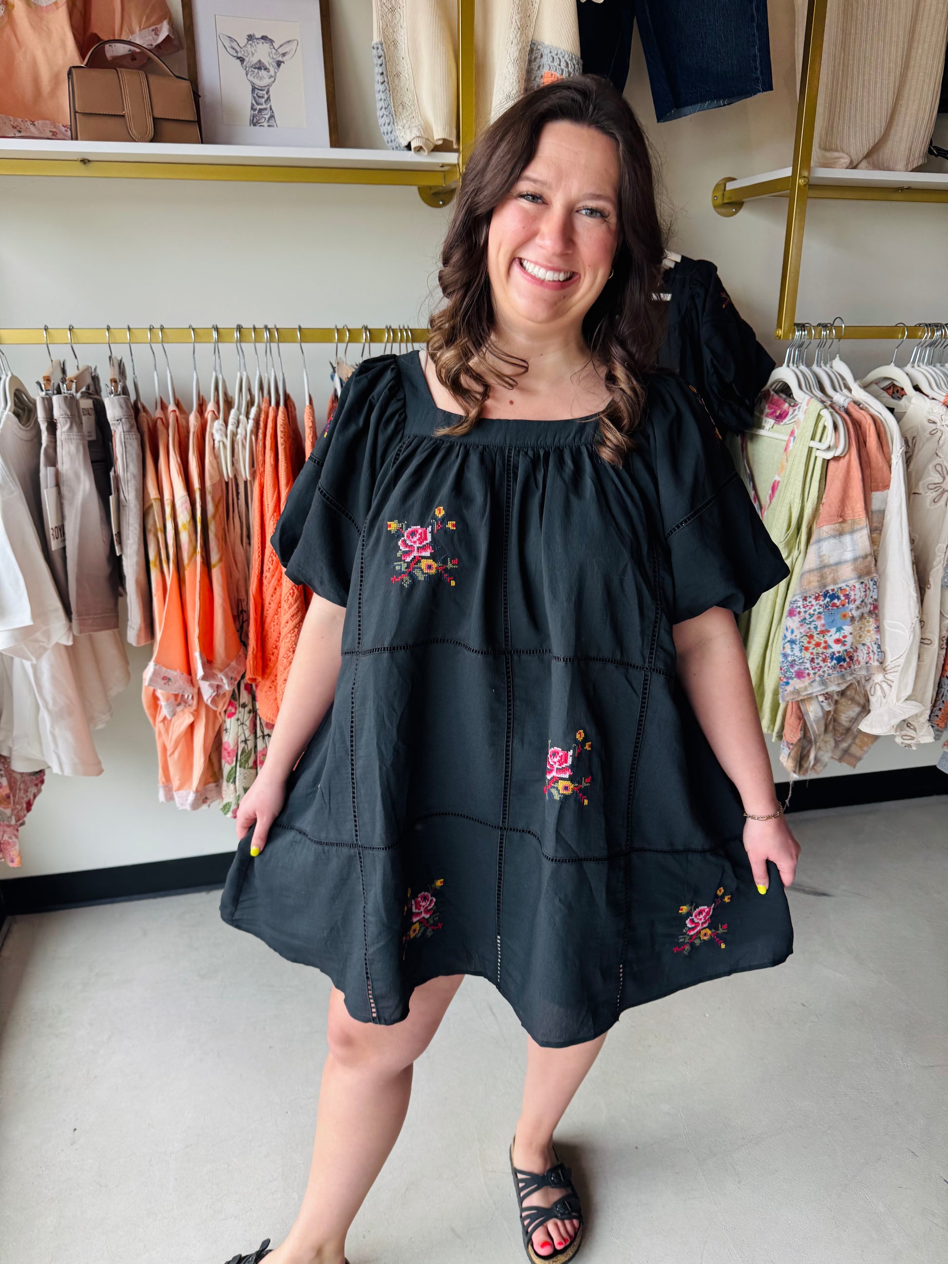 Embrace effortless charm with this Easel babydoll dress, featuring stunning floral embroidery and trendy puff sleeves. The relaxed A-line silhouette and lightweight woven fabric ensure all-day comfort without sacrificing boho-chic style. Best of all? It has pockets!