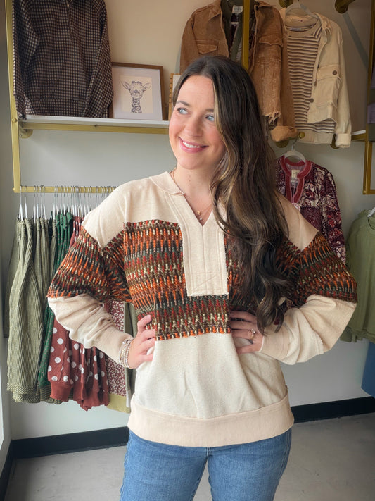 Easel

CROCHET MIX WASHED TERRY PULLOVER
-RELAXED, OVERSIZED FIT
-MULTICOLOR TEXTURED STRIPED
-SPLIT V NECK
-MINERAL WASHED
-DROPPED SHOULDER
-STITCHED RECTANGULAR PATCH DETAIL
-SMALL MEASUREMENTS : LENGTH - 26.5" &amp; BUST - 24"

Fabric: KNIT
Content: 100% COTTON

 