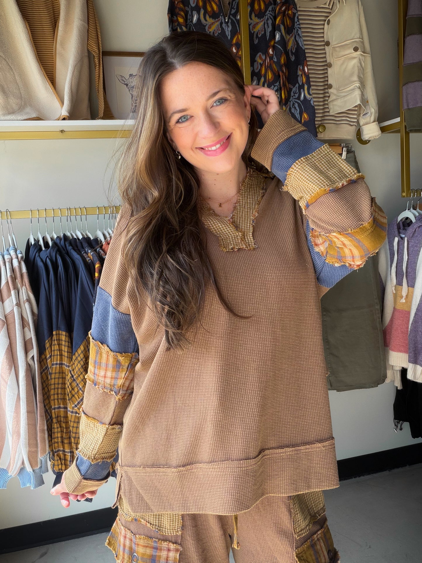 Cozy season, meet your new go-to. The&nbsp;Camel Plaid Mix Thermal Top by Easel is a mineral-washed waffle knit top with patchwork plaid detailing that feels like a warm hug — but make it stylish. Part of a matching lounge set, with a collared V-neckline, relaxed oversized fit, and dropped shoulders that make it as easy to wear around the house as it is out the door.

Why You'll Love It

Patchwork plaid mix design — unique texture that elevates the classic thermal
Mineral washed finish — soft, lived-in look