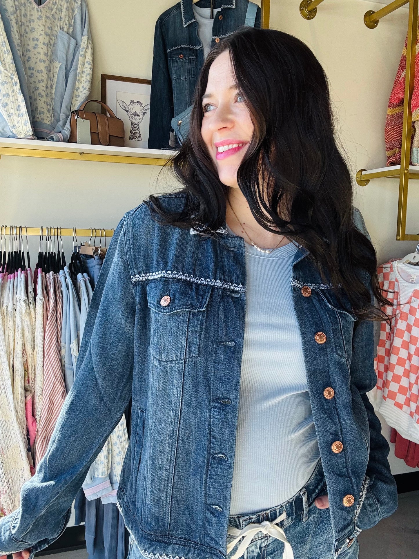 Thread &amp; Supply

Trust us, you need this denim jacket in your life. Made with our super soft Tencel Lyocell, the Jackie Jacket is a wardrobe staple!

Button front closure
Side pockets
Relaxed fit
Measurements for a size small:

Length:&nbsp;22.5"
Chest:&nbsp;19.5"
Sleeve Length: 24.5"
Fabric Content/Care:&nbsp;
