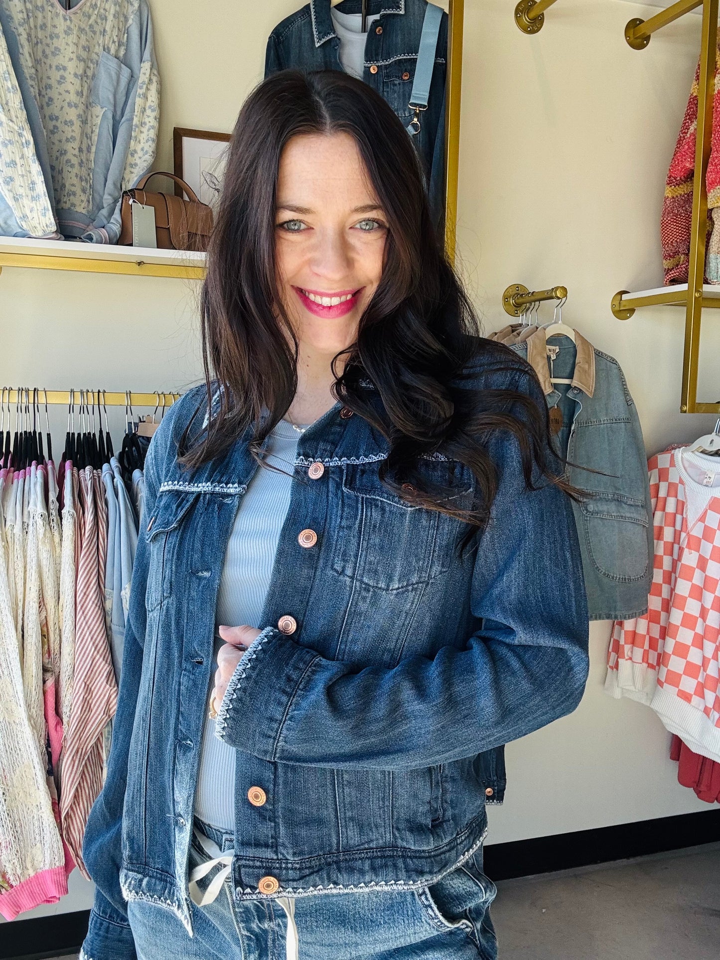 Thread &amp; Supply

Trust us, you need this denim jacket in your life. Made with our super soft Tencel Lyocell, the Jackie Jacket is a wardrobe staple!

Button front closure
Side pockets
Relaxed fit
Measurements for a size small:

Length:&nbsp;22.5"
Chest:&nbsp;19.5"
Sleeve Length: 24.5"
Fabric Content/Care:&nbsp;
