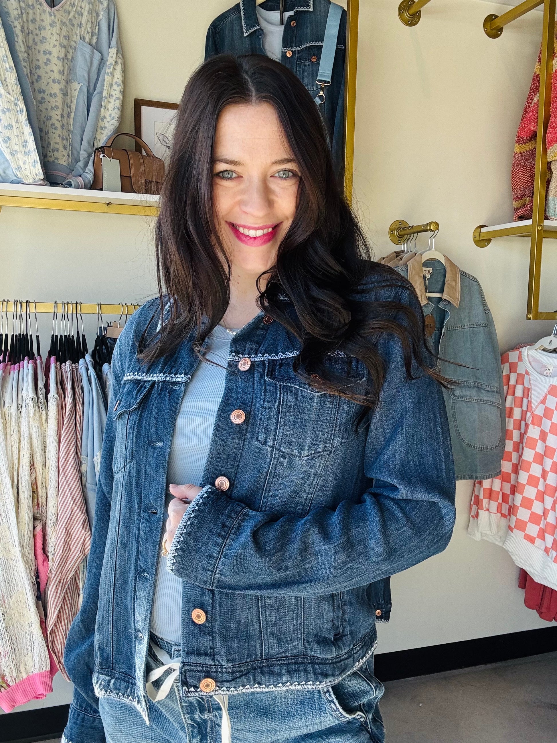 Thread &amp; Supply

Trust us, you need this denim jacket in your life. Made with our super soft Tencel Lyocell, the Jackie Jacket is a wardrobe staple!

Button front closure
Side pockets
Relaxed fit
Measurements for a size small:

Length:&nbsp;22.5"
Chest:&nbsp;19.5"
Sleeve Length: 24.5"
Fabric Content/Care:&nbsp;
