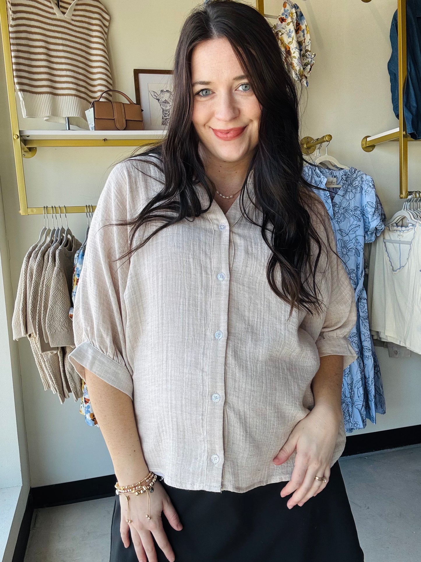 Oatmeal Dolman Sleeve Button Up