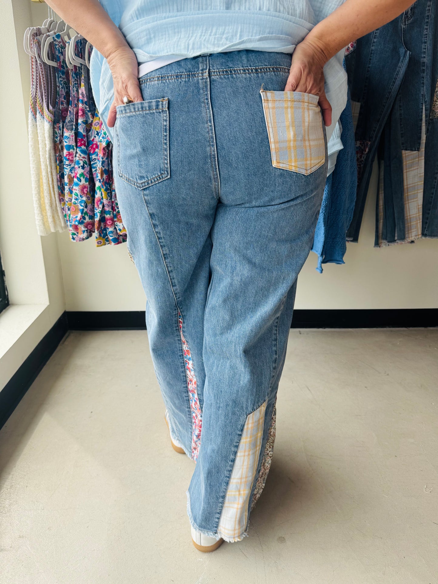 Patchwork Detail Wide Leg Denim