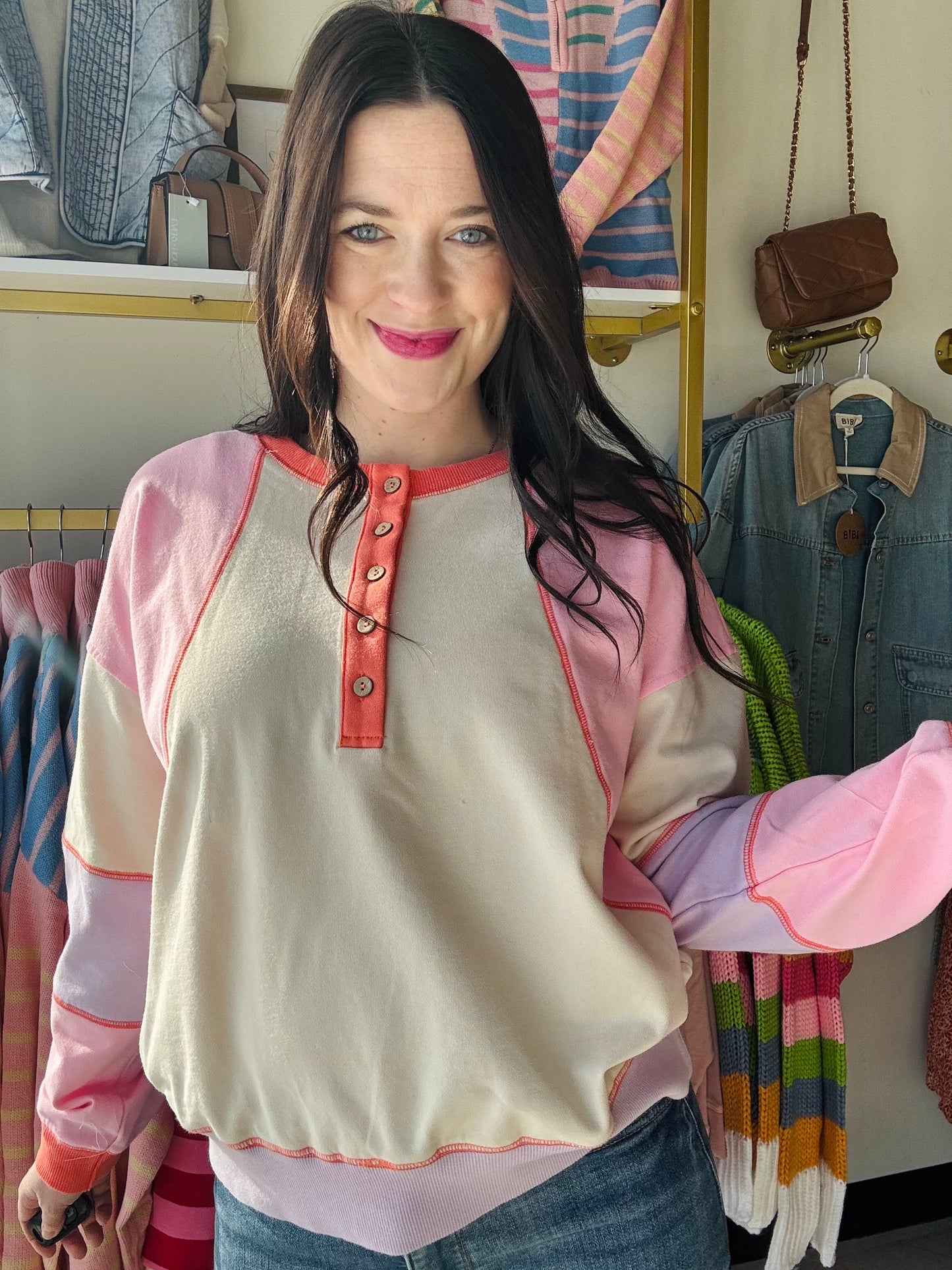 Sand & Coral Block Henley Pullover