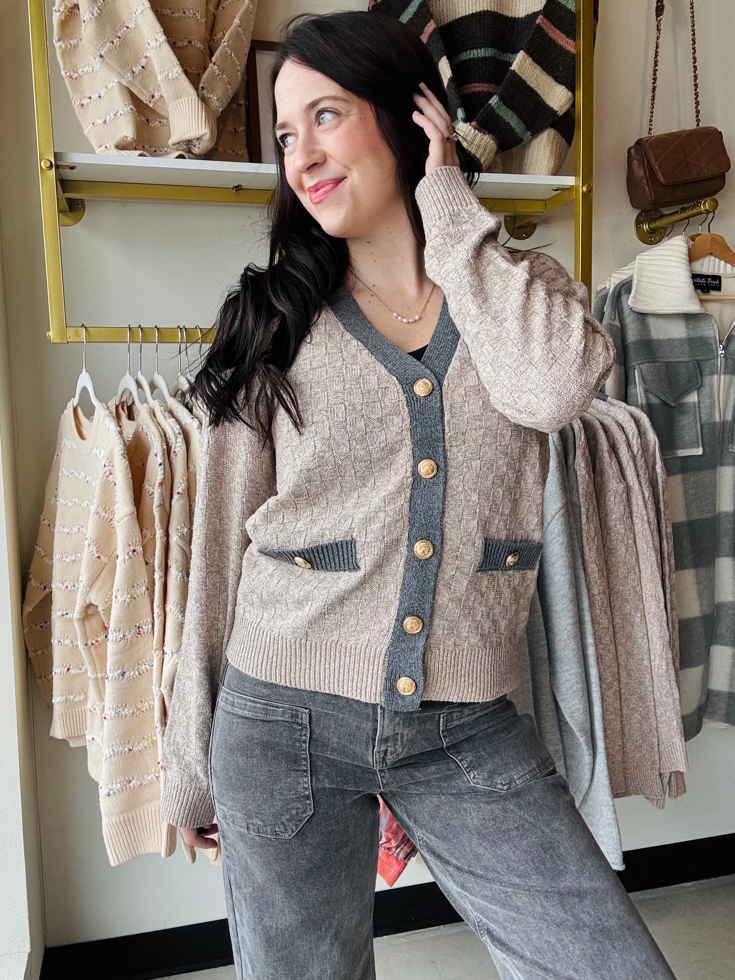 Contrast Band Button Up Sweater