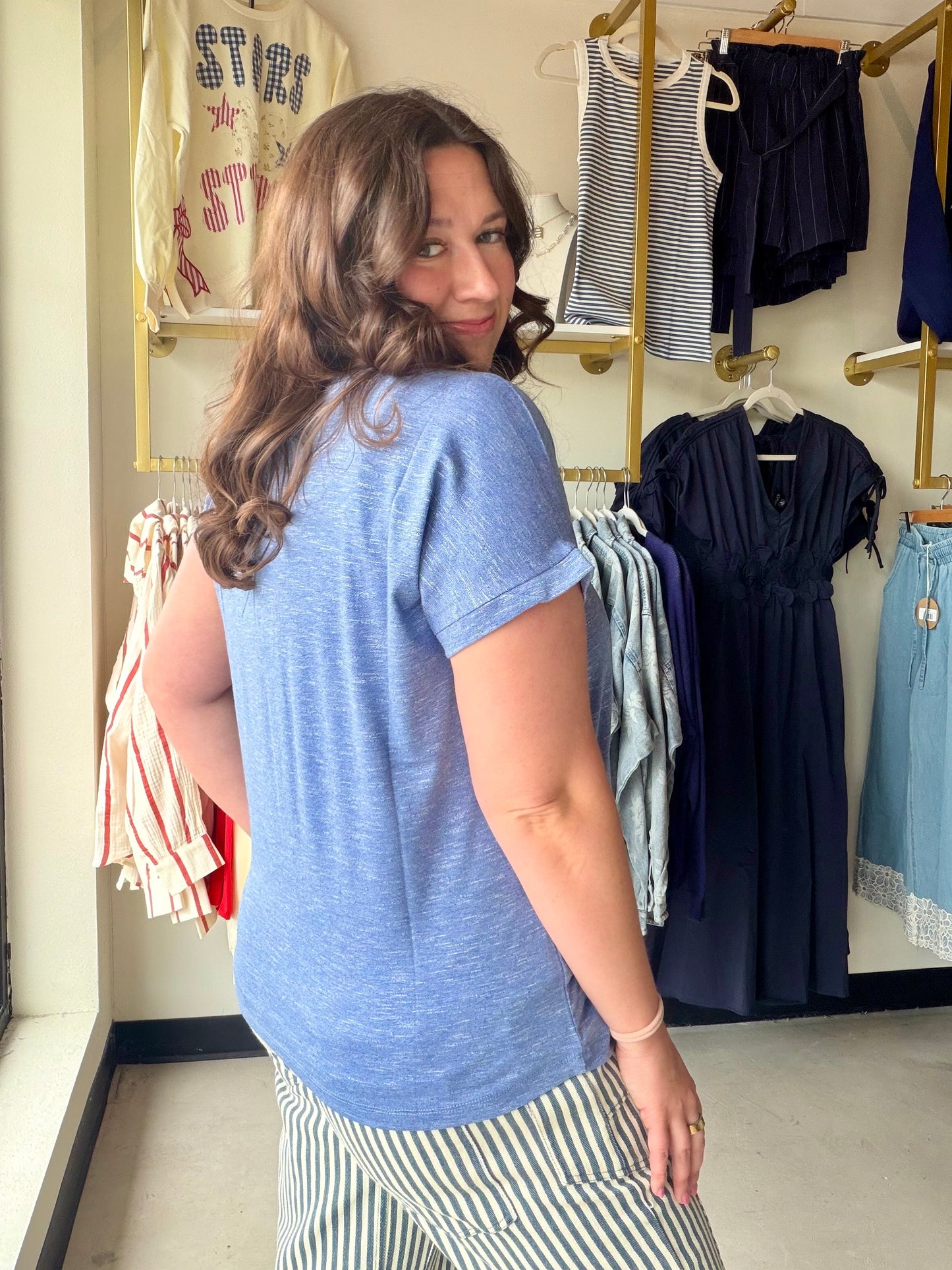 Denim Textured V Neck Tee