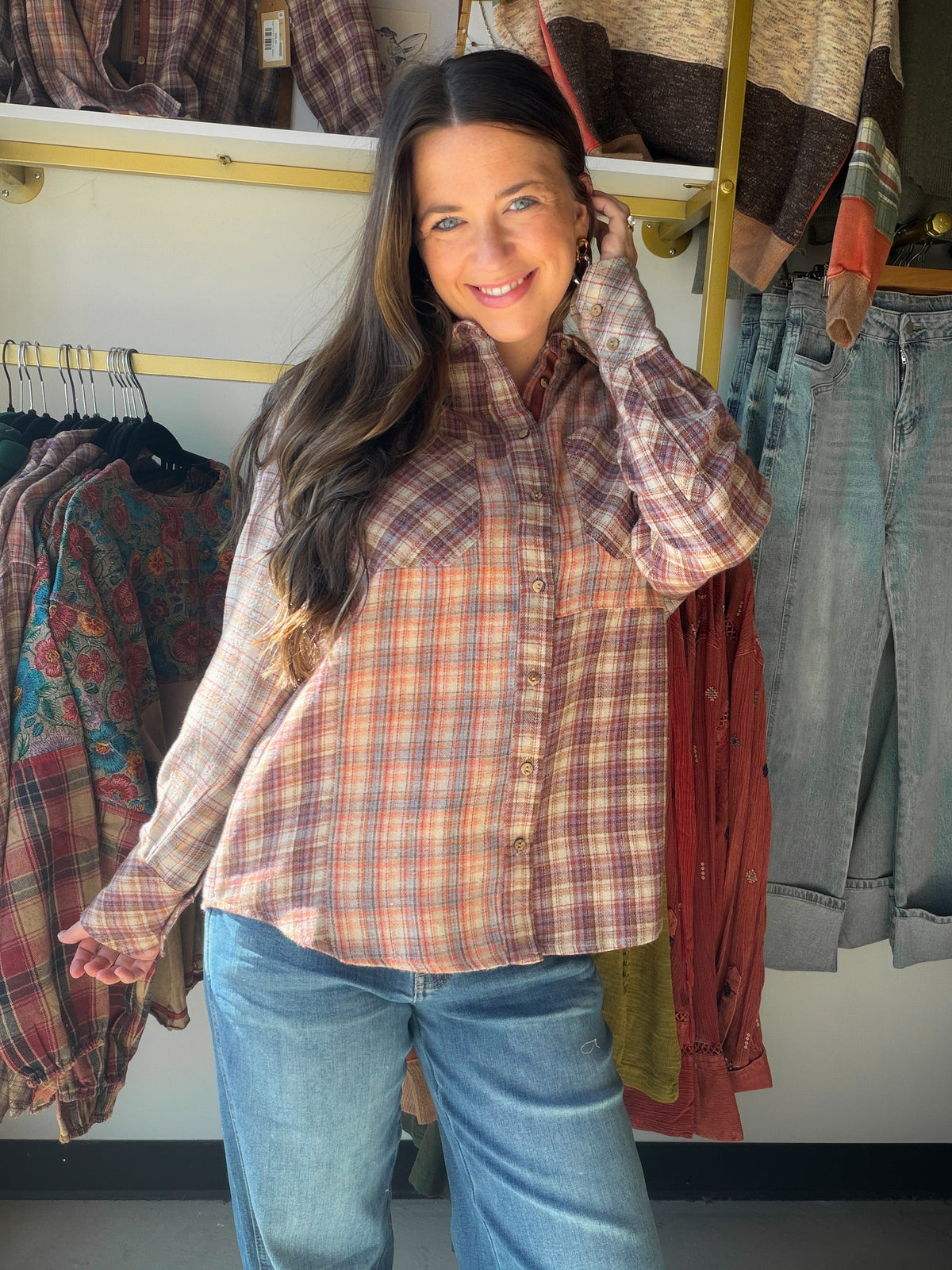 Mixed Plaid Woven Button Up