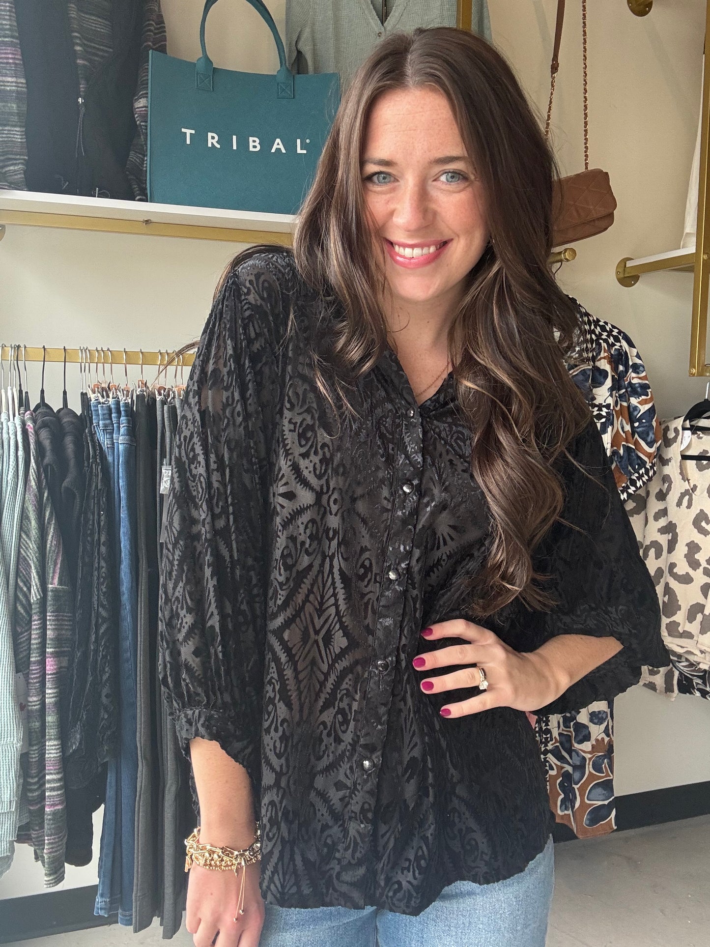 Black Burnout Button Top
