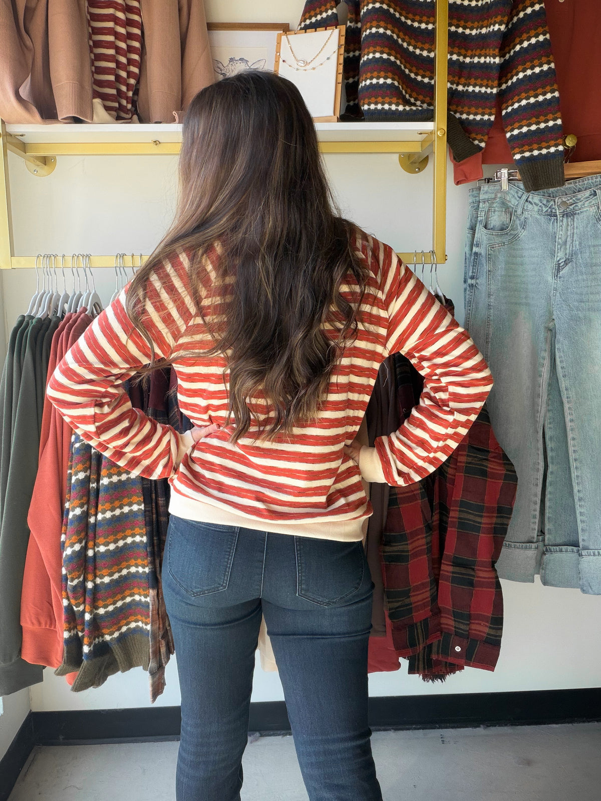 Rust Stripe Wide Neck Brushed Top